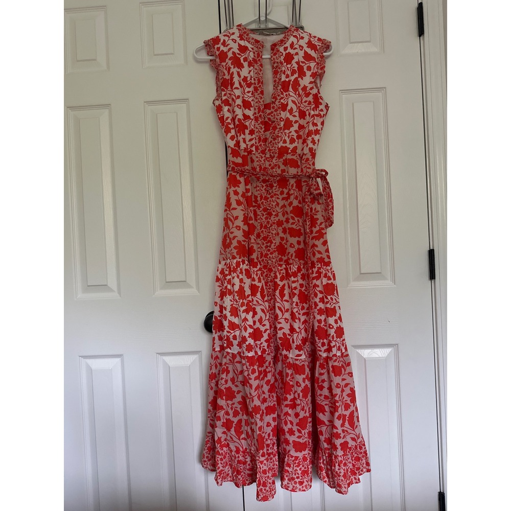 Boden Orange white Floral Tiered Maxi Dress Sleeveless Belted Pockets US 6